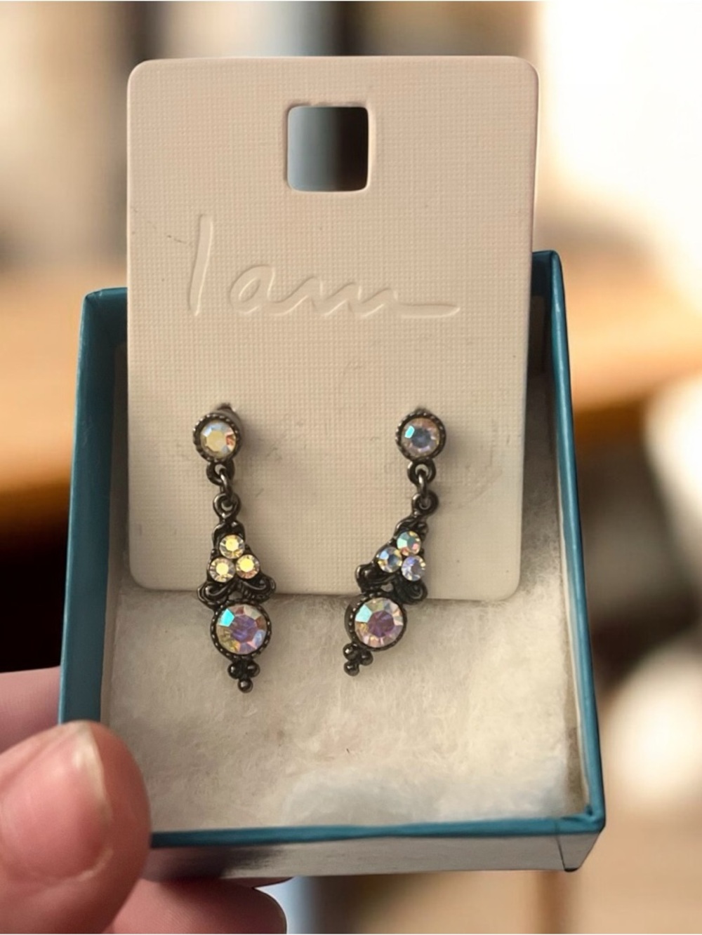 Vintage drop earrings FT. Dark metal with iridescent aurora borealis crystals